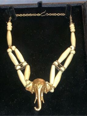 Vintage Ivoryish Color Beaded Necklace with Gold Elephant Pendant
